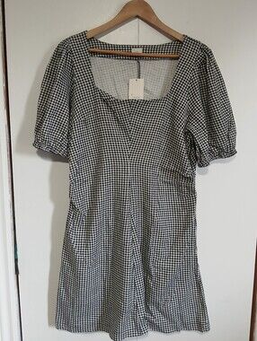 ​NWT A New Day Gingham Linen Blend Puff Sleeve Mini Dress 14 Ruched Sweetheart